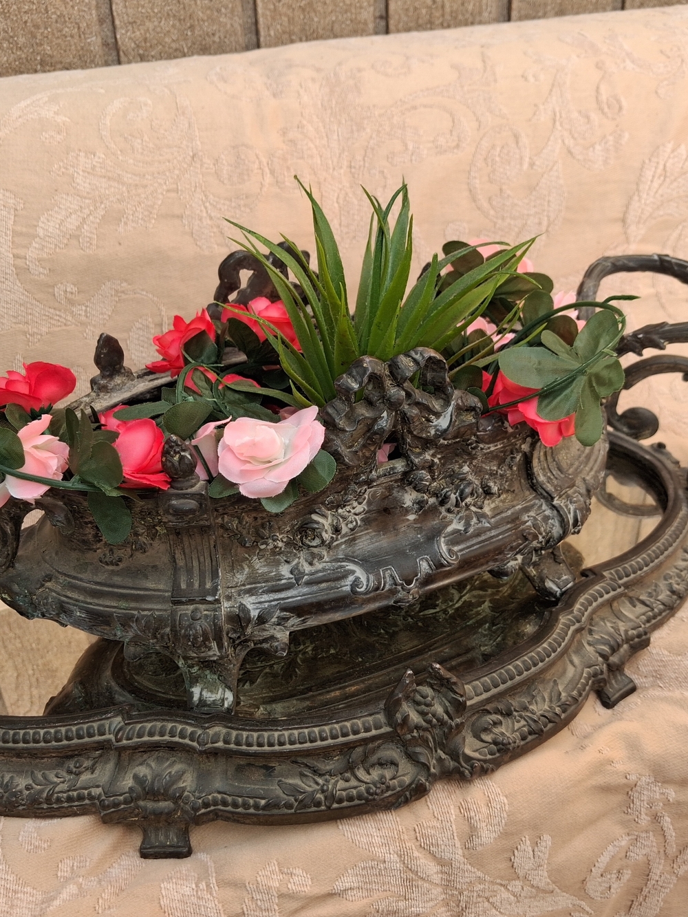 Ornate Decorative Metal Planter with Pink and Red Floral Accents